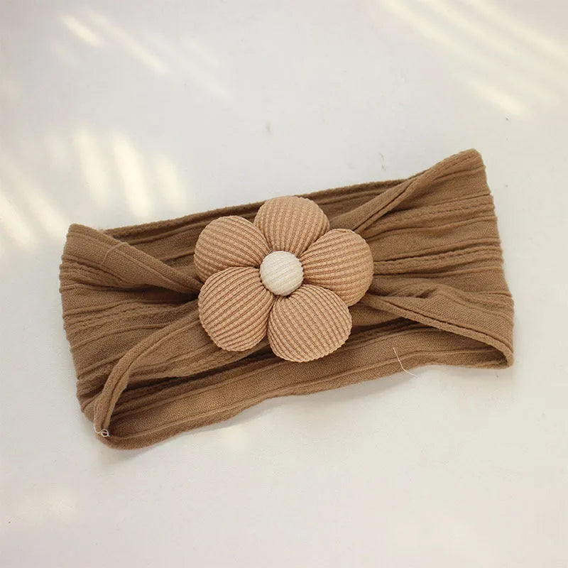 Soft nylon baby flower headband in five colours beige pink khaki brown white for newborns and toddlers