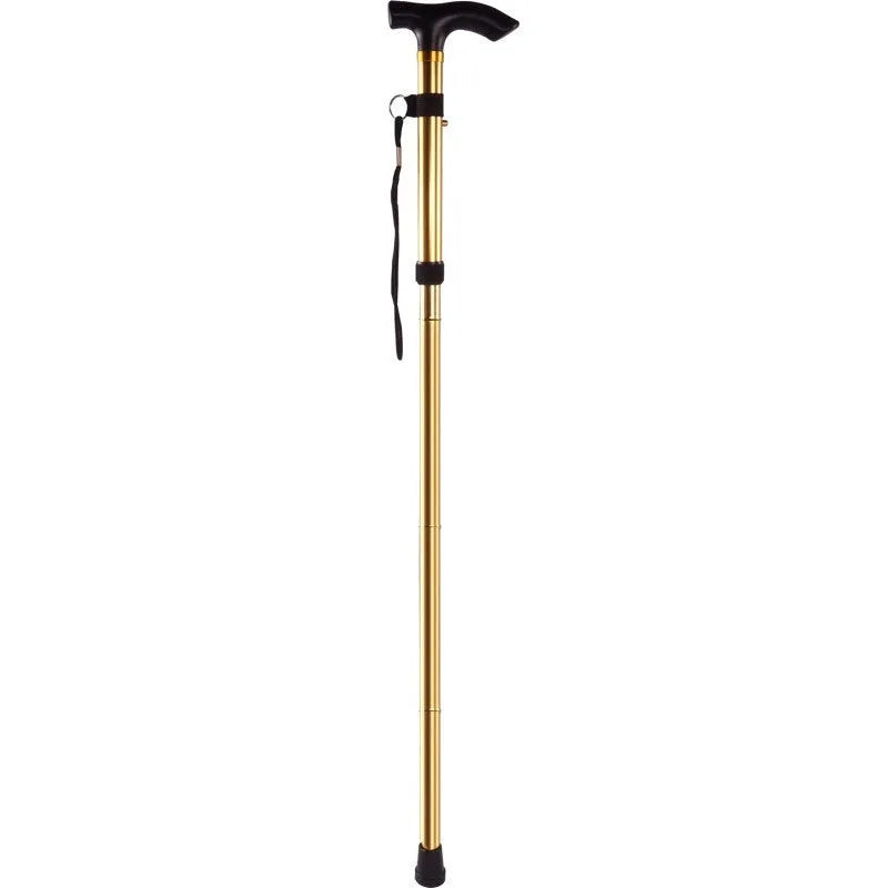 Aluminium alloy folding walking stick extended to show adjustable height and non-slip tip.