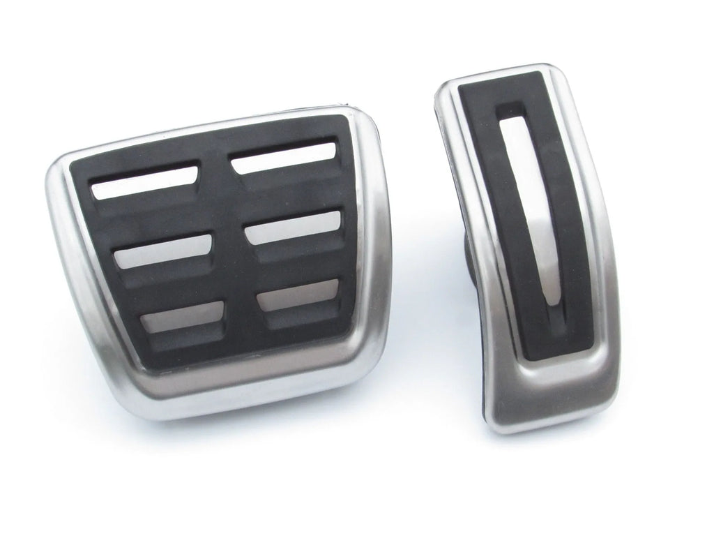 Black stainless steel Porsche Macan pedals with non-slip surface measuring 38x12x16cm