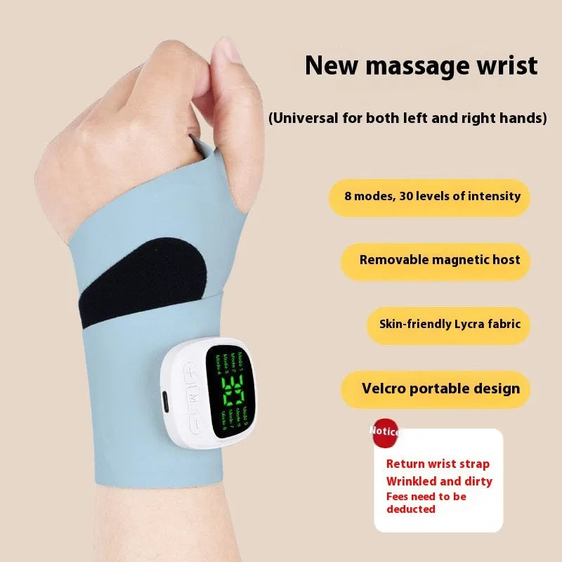 Adjustable hand massage instrument with multi-mode wireless control and coloured wristbands on a table.