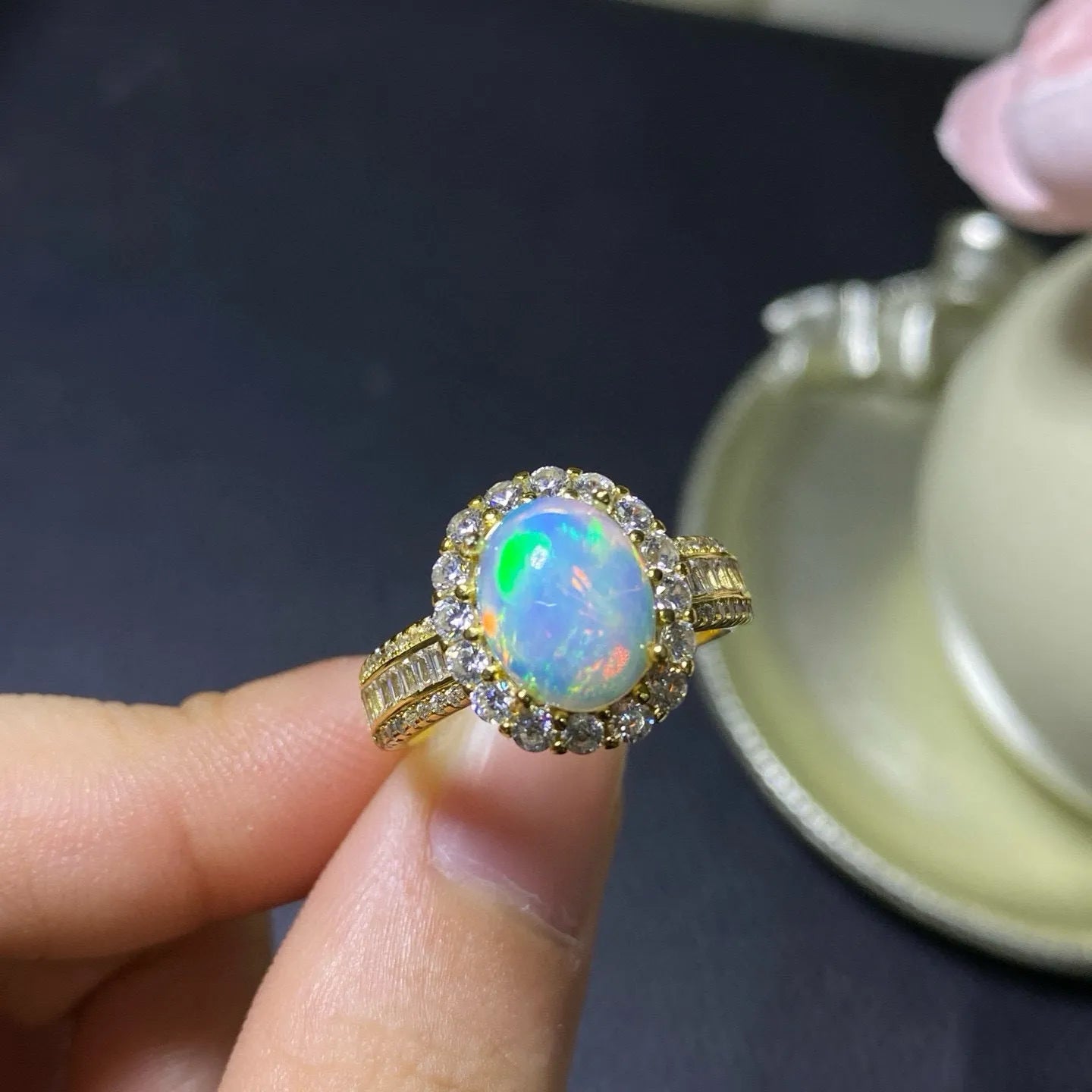 Natural opal stone ring in sterling silver with gold plating on open band