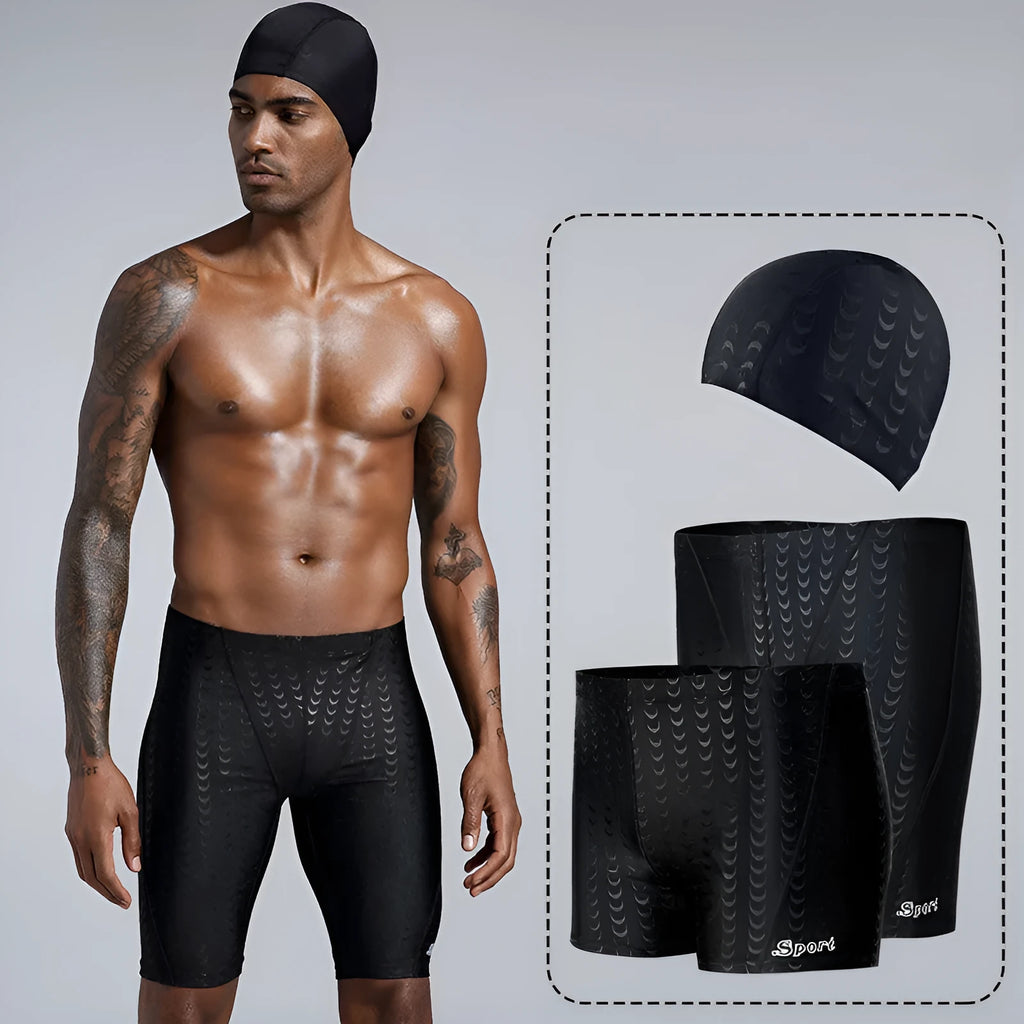 Men's solid colour swimming trunks in shark skin polyester fabric for surfing.