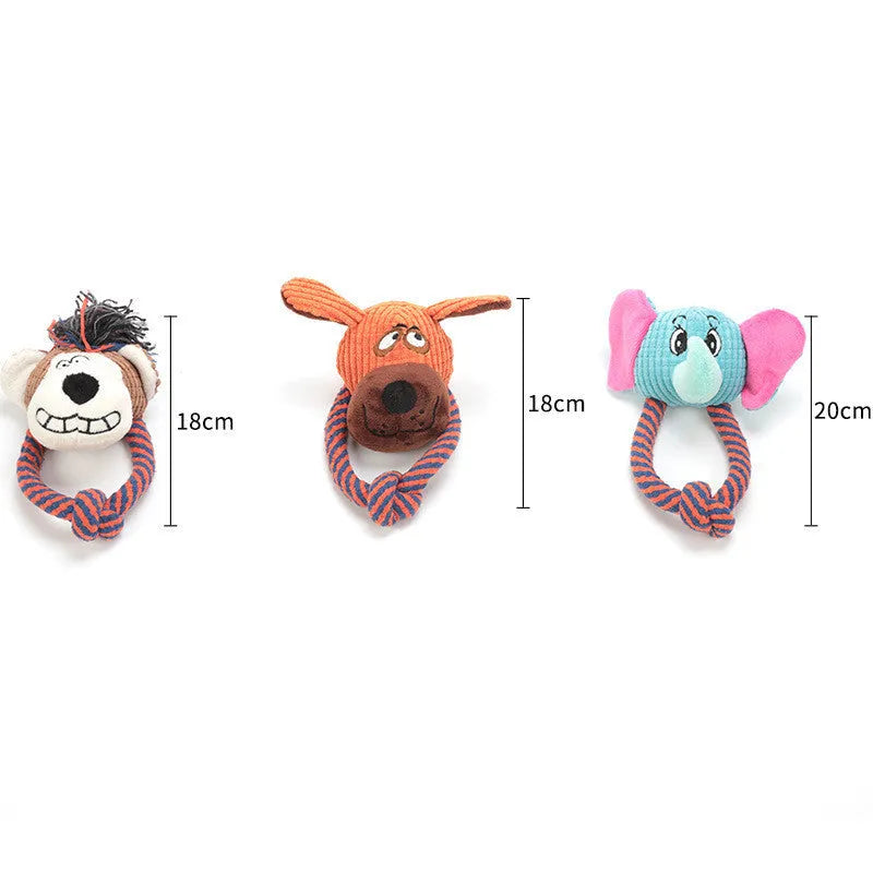 Dog cotton rope squeaky toy in dog style for teeth cleaning and play