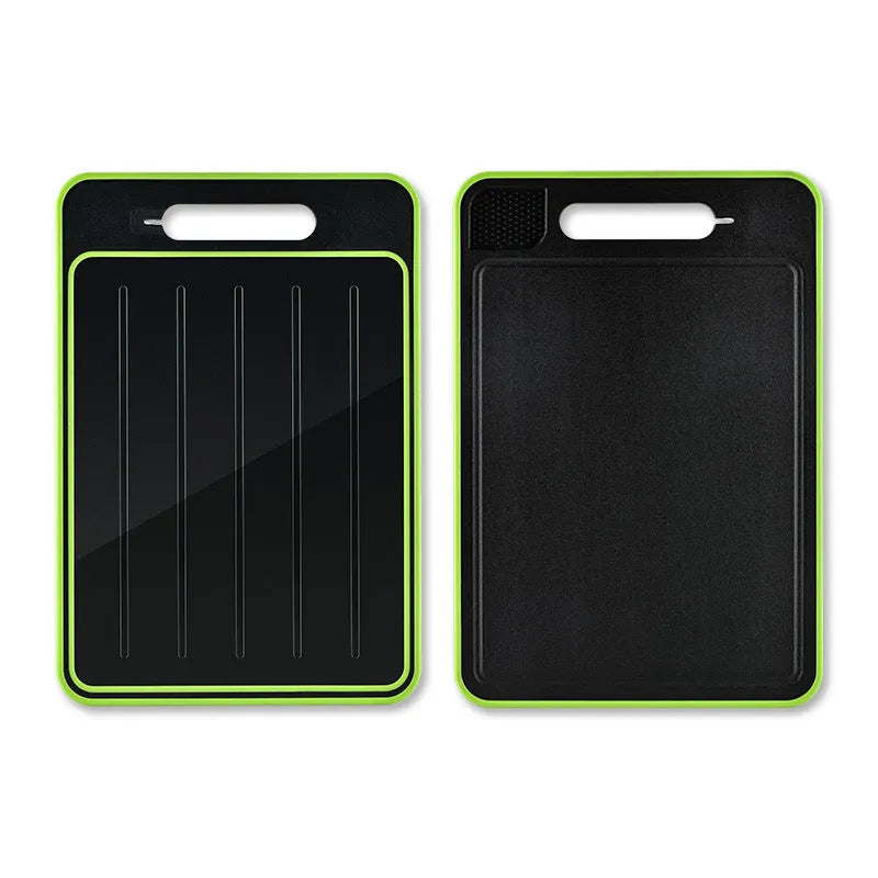 Grey square aluminium cutting board with double-sided design showing cutting surface and grinding teeth