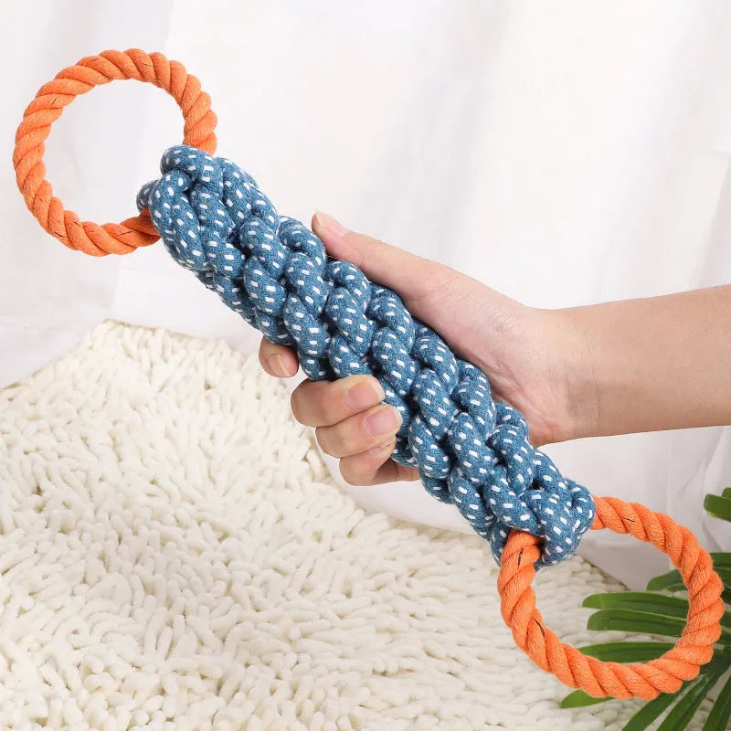 Blue double-ring braided cotton rope dog chew toy with bone shape and textured knots for dental cleaning