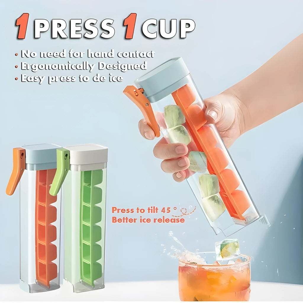 Food-grade plastic ice cube tray with one-touch release and storage box in blue or white.