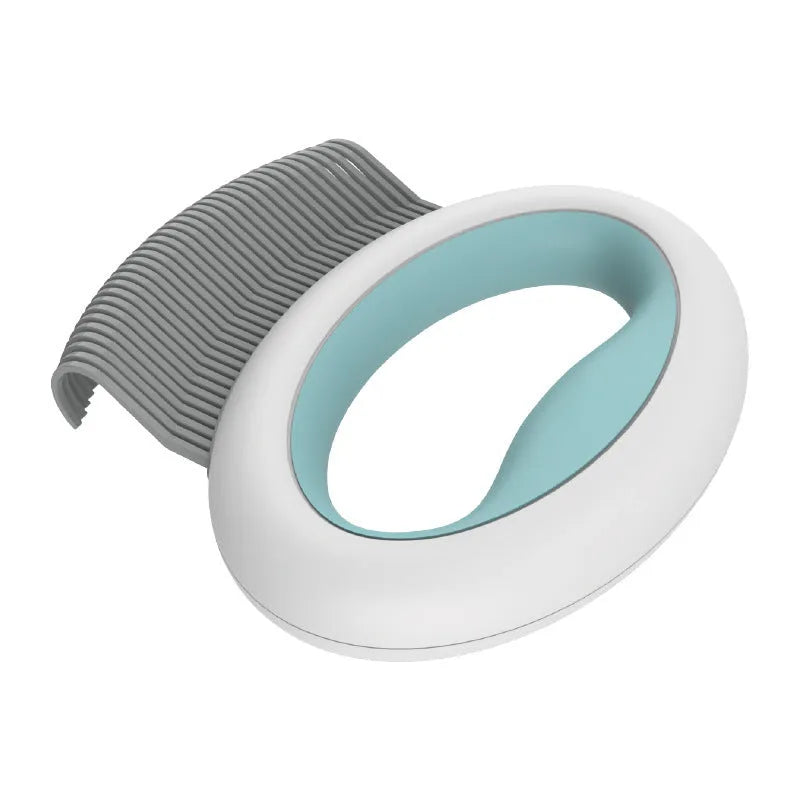 Blue plastic pet grooming comb for cats and dogs on a white background.