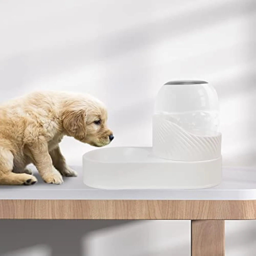White gravity cat feeder and water dispenser set with wave-shaped design