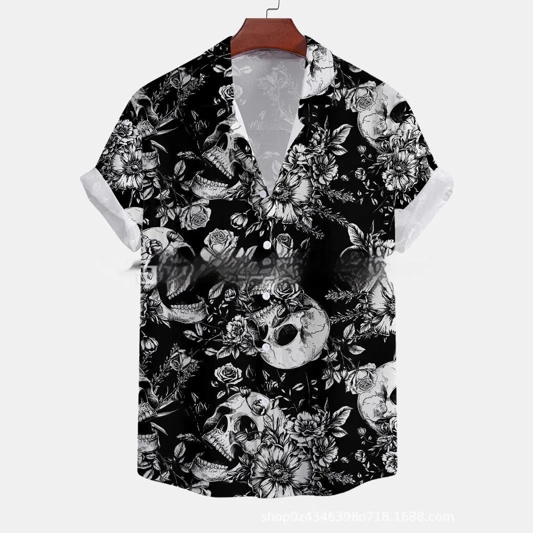 Man wearing a loose-fit floral print short-sleeved casual shirt in polyester.