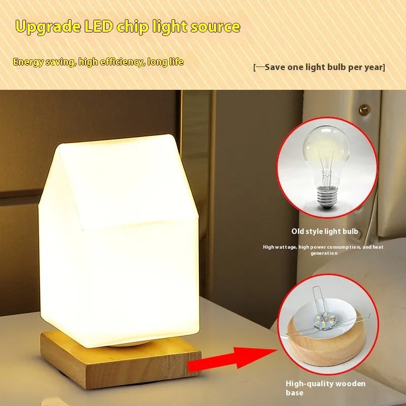 Nordic solid wood USB table lamp with touch control in geometric shapes on wooden surface
