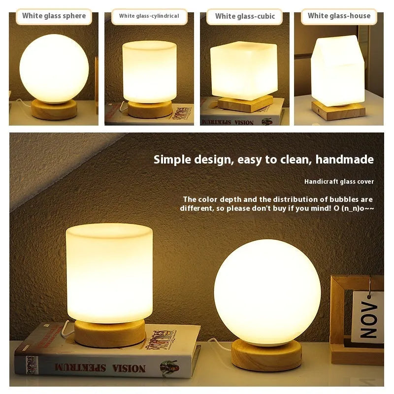 Nordic solid wood USB table lamp with touch control in geometric shapes on wooden surface