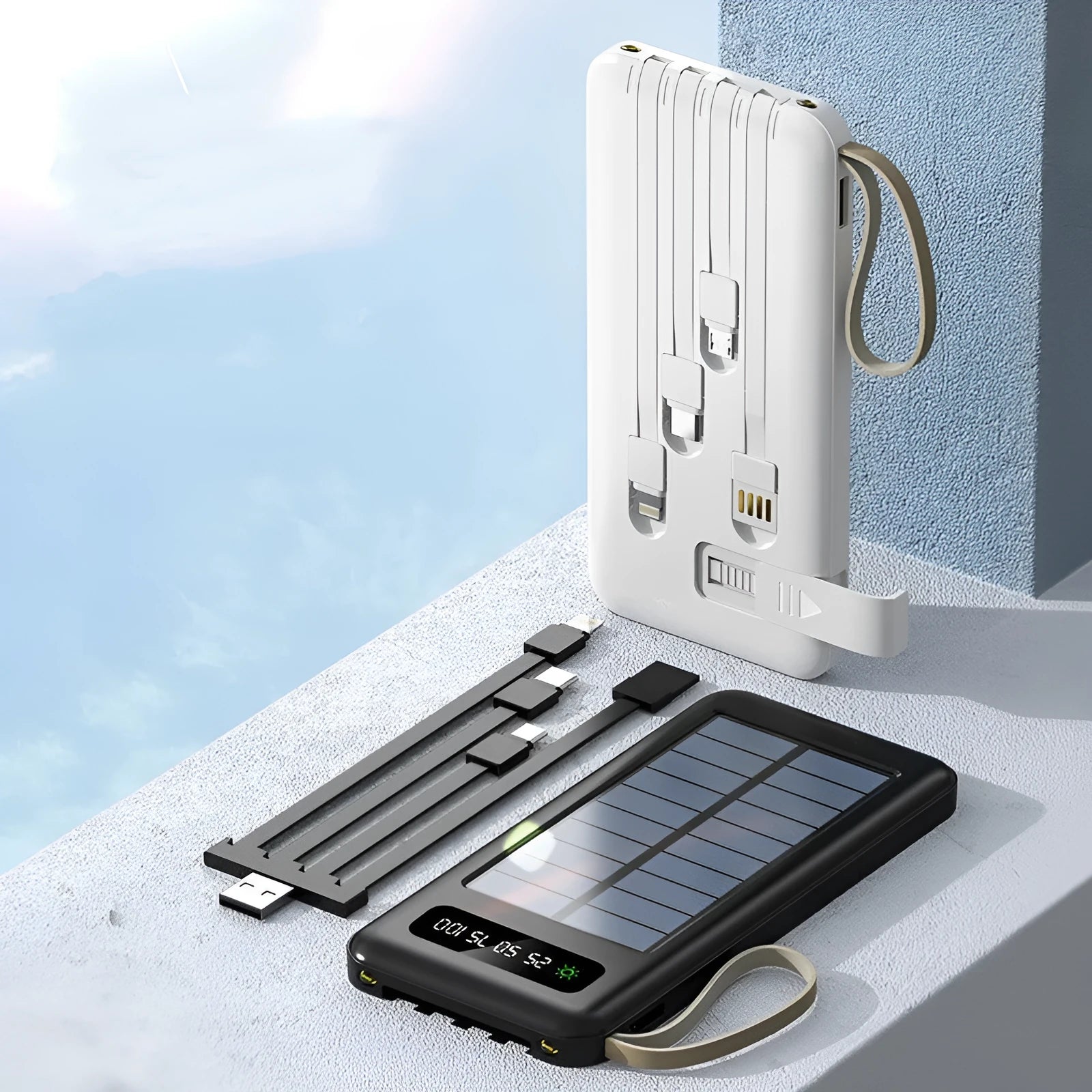 Solar power bank in black or white with 20000mA/30000mA capacity and polymer lithium ion battery
