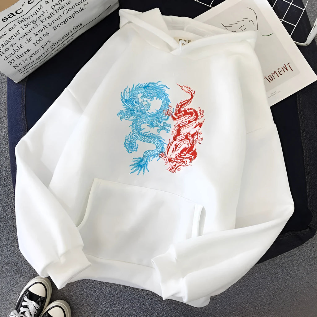 Men's dragon pattern pullover hoodie with wool lining and polyester fabric, colour B, adult male streetwear style