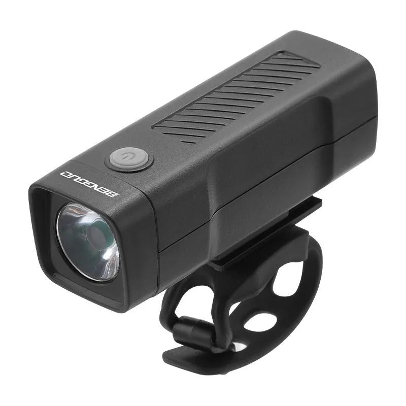 Black bicycle headlight with quick release strap bracket mounted on handlebars