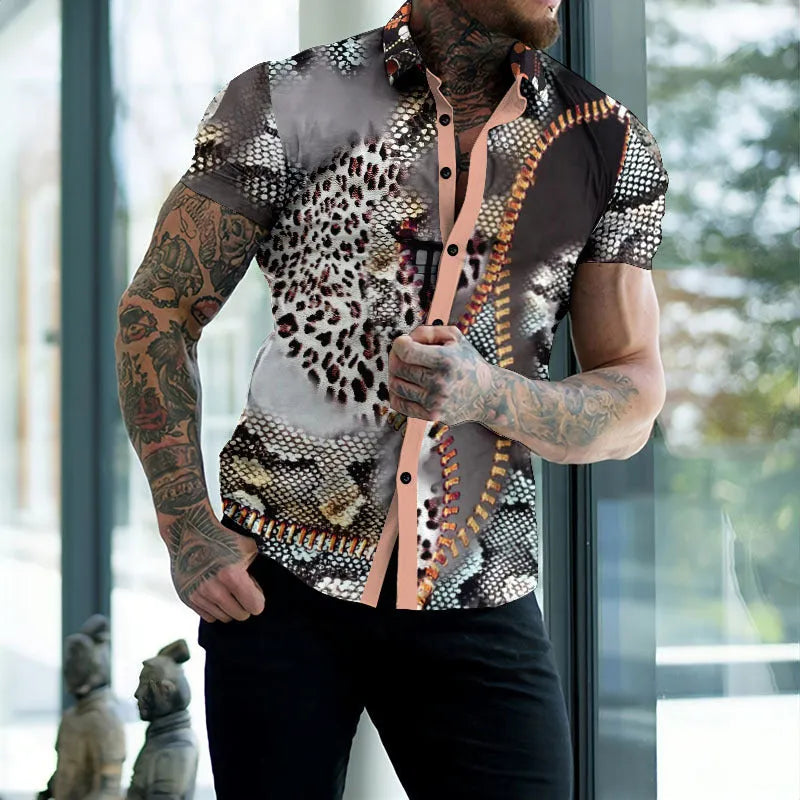 Men's summer beach print short sleeve shirt with lapel collar in polyester fibre, available in eight colours including coconut tree print