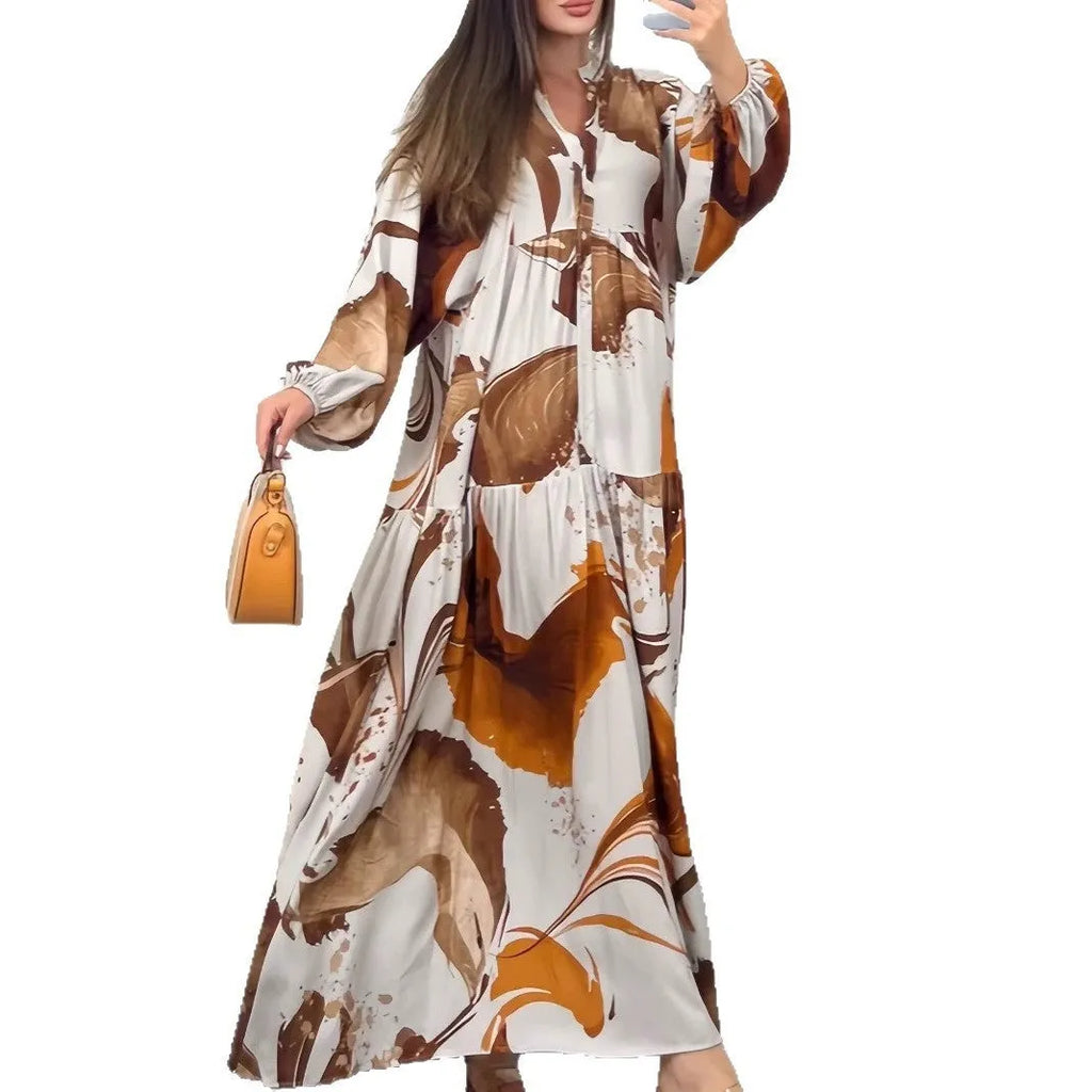 Loose casual V-neck dress with oversized swing skirt in Rose Red, long sleeves, spliced style, mid waist, casual Japanese Korean design