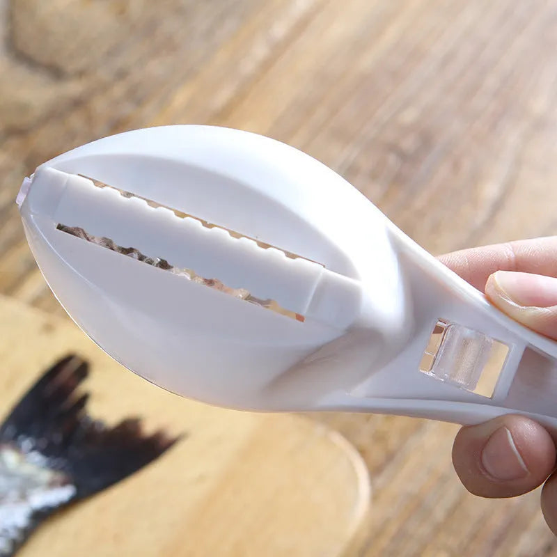 Fish-shaped scale scraper kitchen tool in white green or blue with cover and hanging hole