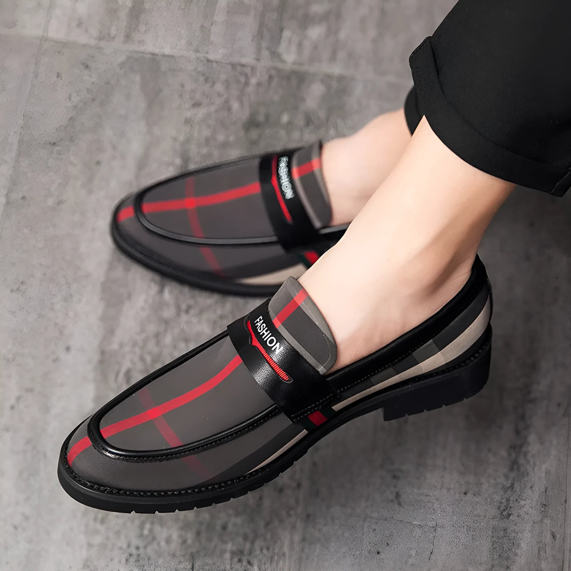Men's pointed toe formal business shoes in dark grey red with PU and cloth upper and rubber sole, low top