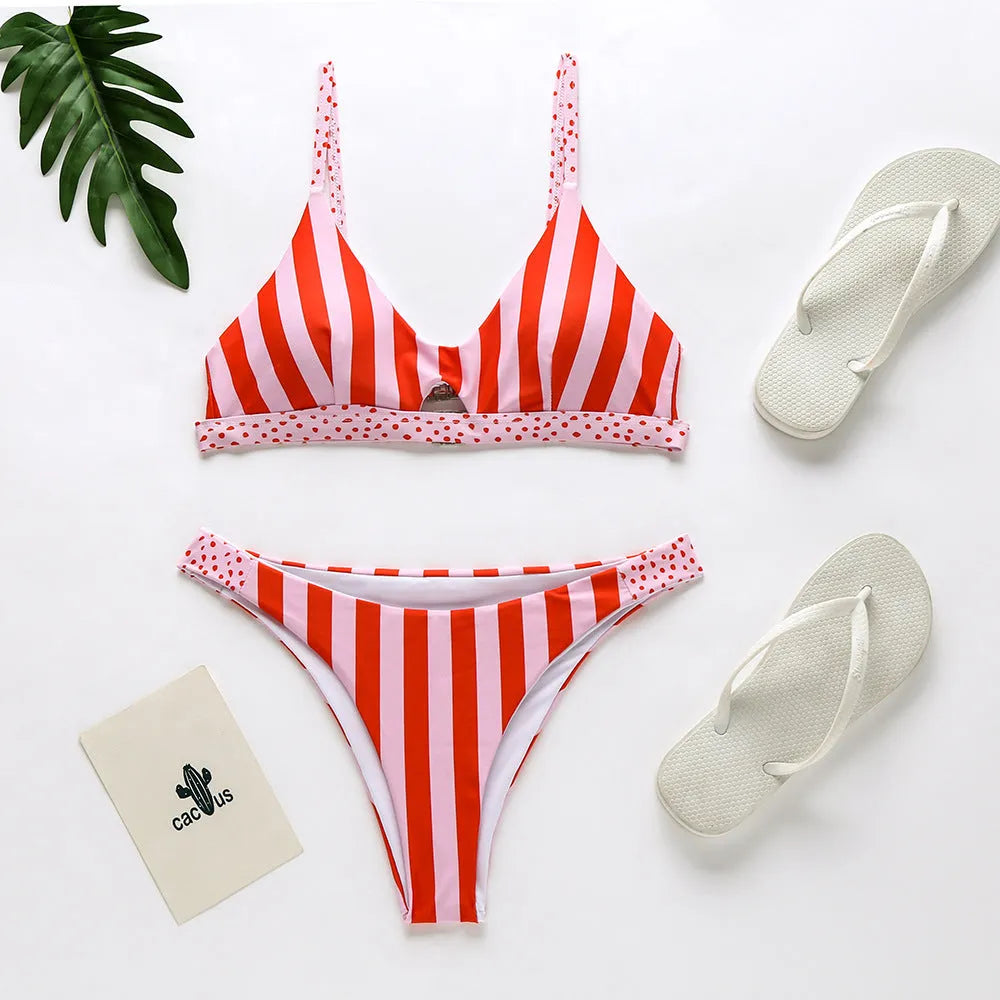 Women's polyester bikini set in black and white dots or red and white stripes pattern for swimming