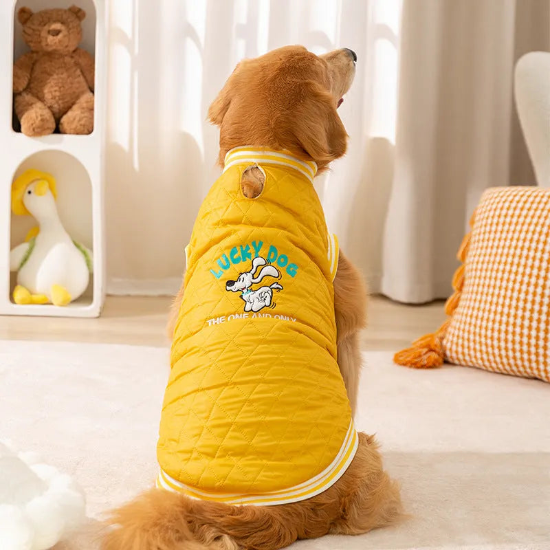 Quilted cotton brown pet vest for large dogs with Lucky Dog embroidery and leash ring