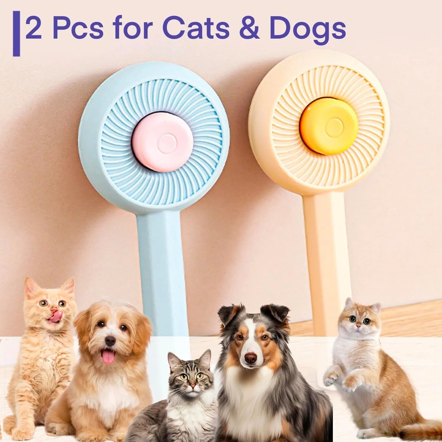 Blue and yellow pet grooming brush with angled metal needles and a self-cleaning button on the handle.