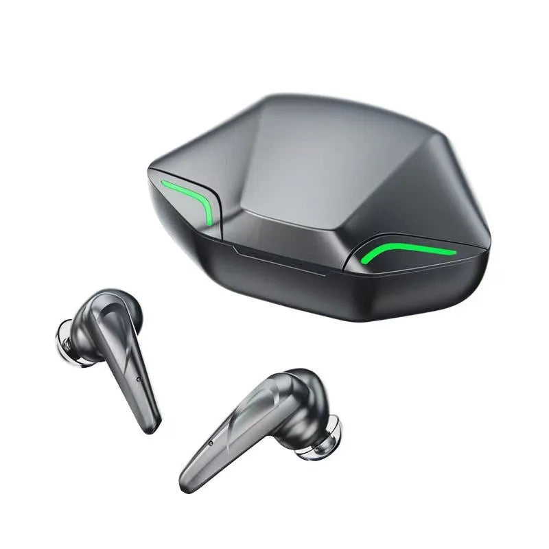 A wireless Bluetooth gaming headset with earpieces, a compact charging cabin, USB cable, and four interchangeable headset caps.