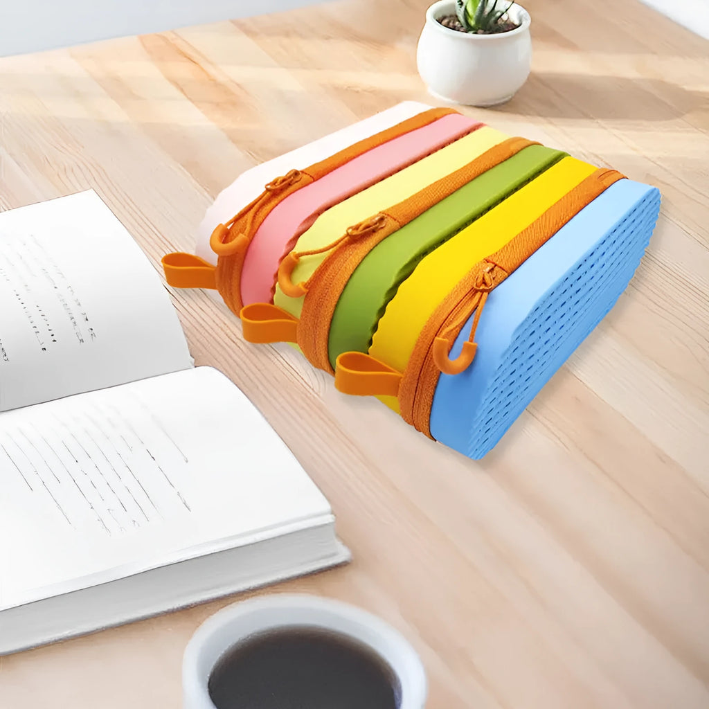 Silicone glasses case with long handle in multiple colour options on a plain background.