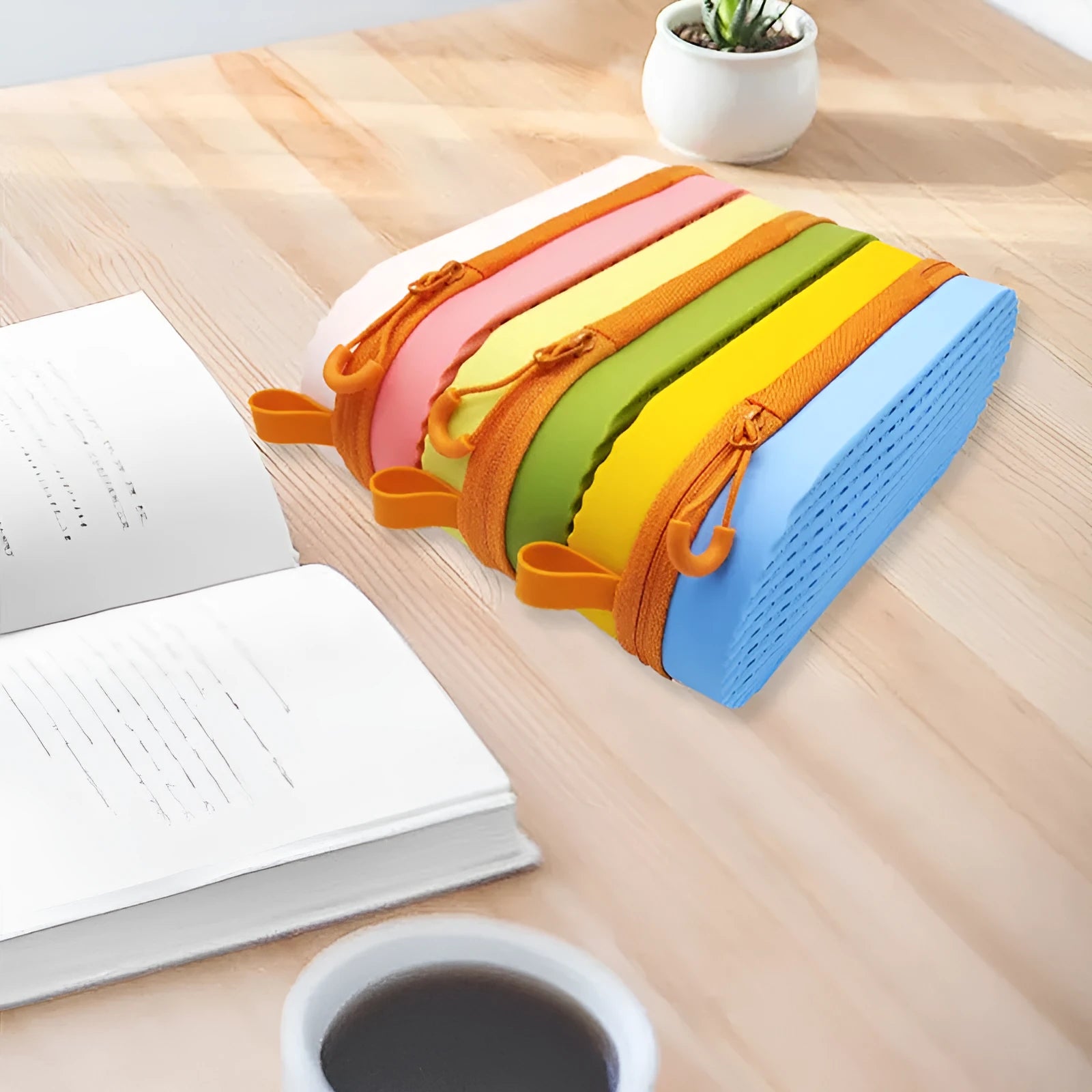 Silicone glasses case with long handle in multiple colour options on a plain background.