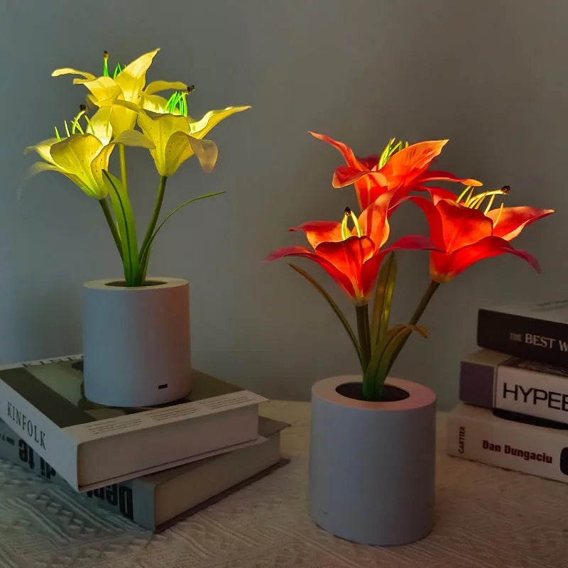 Rechargeable LED lily flower pot lamp with lily-white glow, flower shape on tabletop