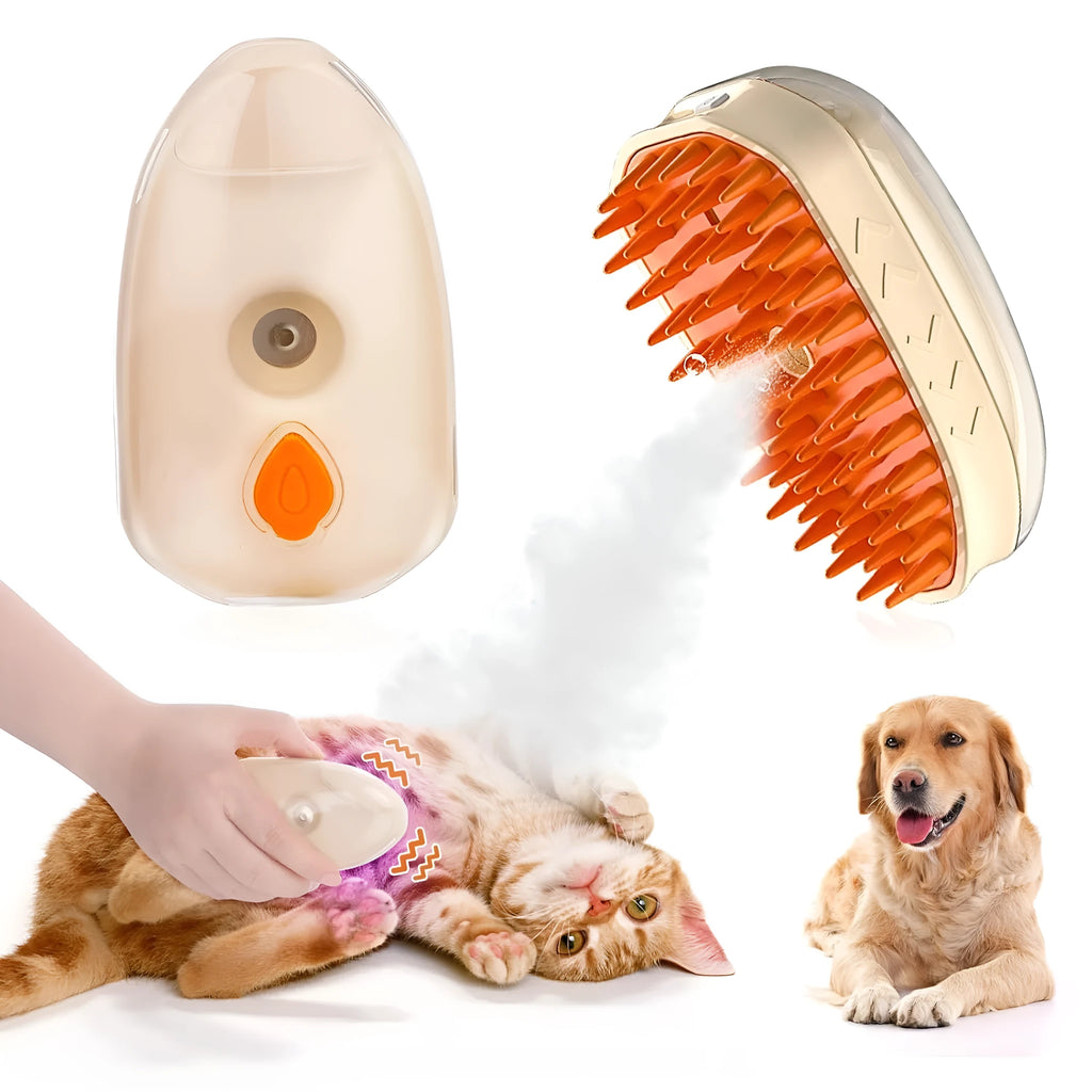 Yellow 4-in-1 cat steam brush with silicone bristles, water tank, and ringworm detector lamp for pet grooming.