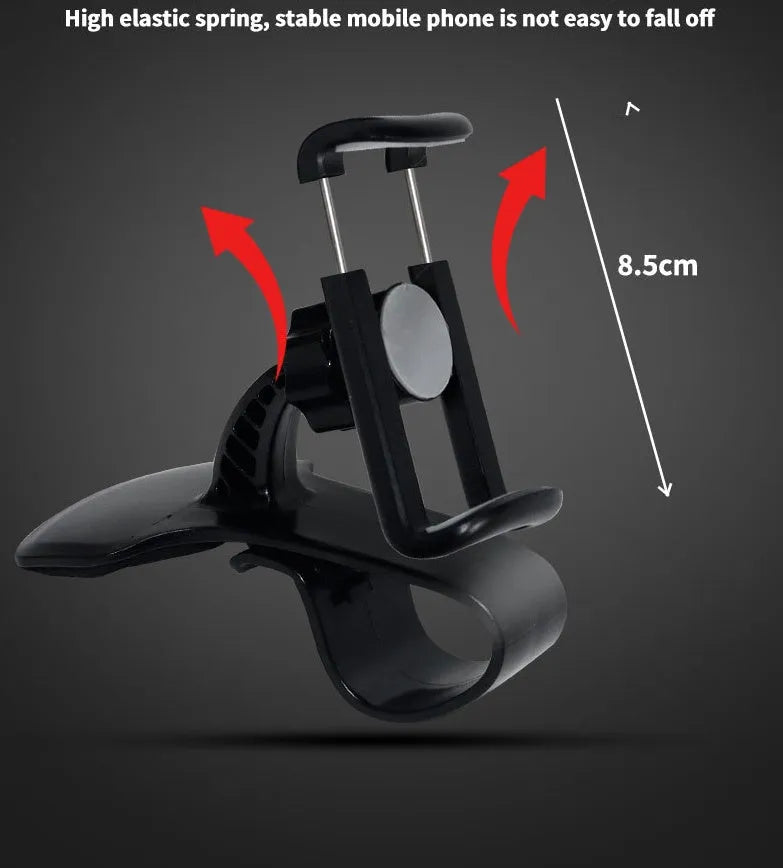 Rotating phone holder car pull clip direct view design ABS plastic black grey adjustable width
