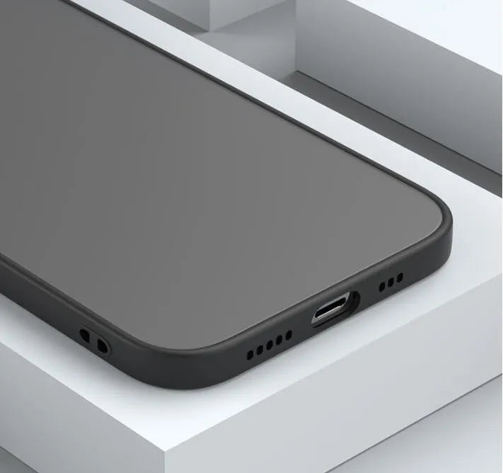 Frosted hard black iPhone case showing fine hole pattern and full camera lens cutout.