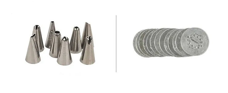 Stainless steel biscuit press machine with assortment of cookie moulds and piping nozzles on a kitchen worktop