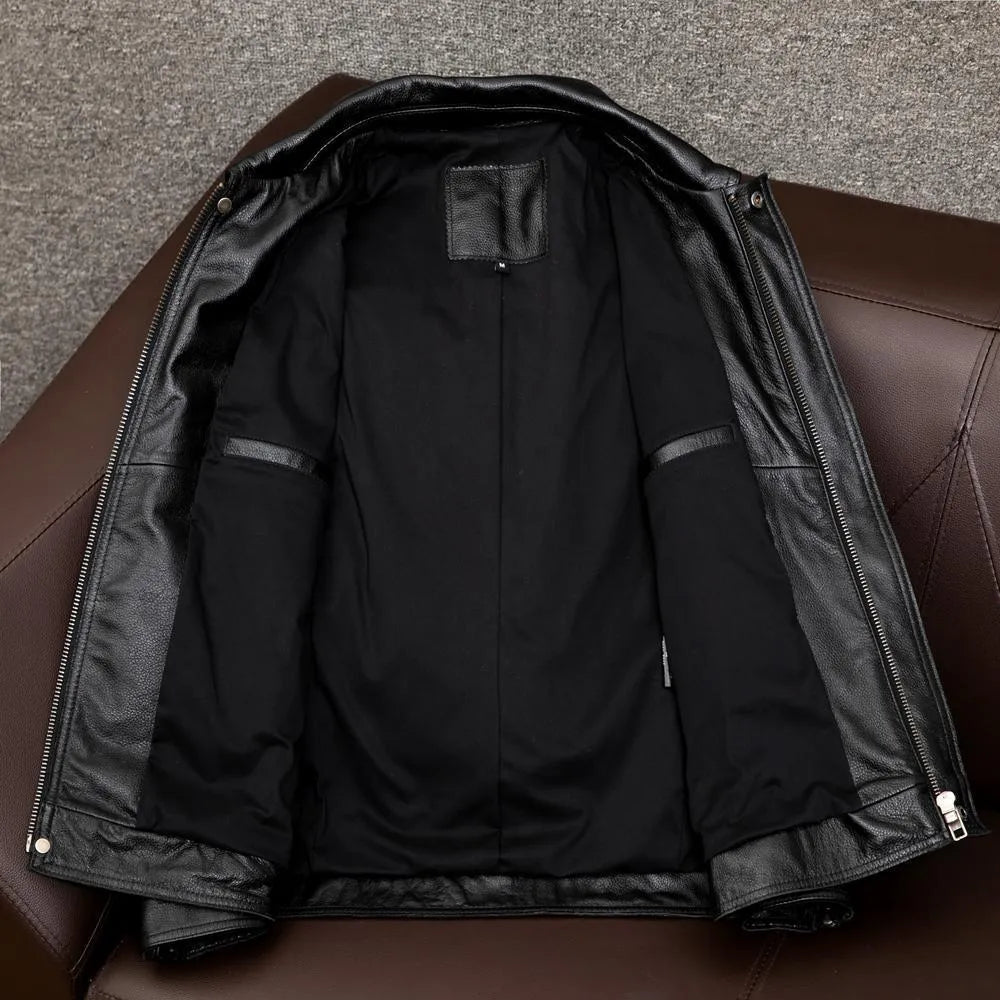 Men's black plus size lapel leather jacket with side pockets on mannequin