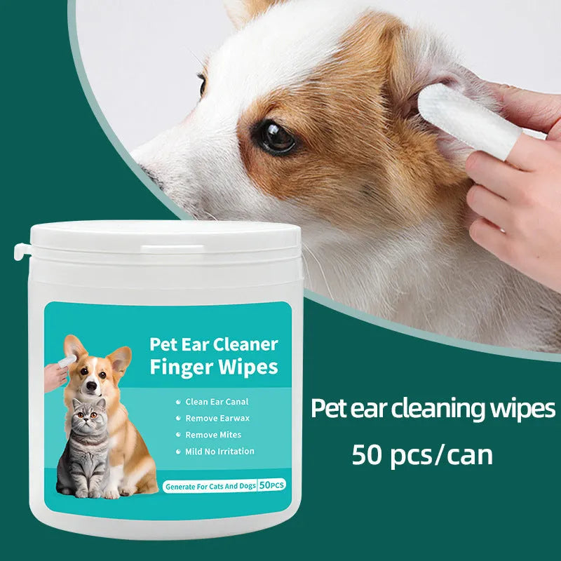 Box of disposable pet cleaning wipes containing 50 ear wipes and 50 tooth wipes for cats and dogs