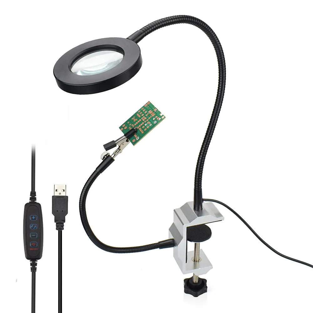 Soldering station LED lamp with 3x magnifying glass on aluminium base, adjustable arm, and 42 SMD LEDs