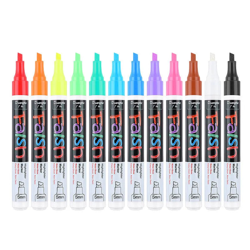 6mm electronic fluorescent board highlighter with oblique pen shape and plastic body, shown in an 8-colour or 12-colour set.