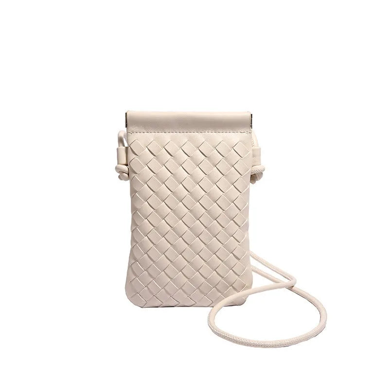 Vertical square PU crossbody bag with vintage weave texture in multiple colour options showing phone compartment.