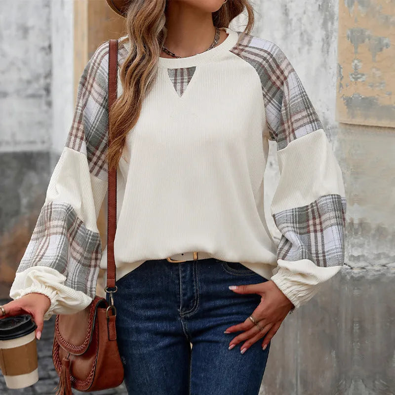 Loose plaid colorblock round neck sweater in apricot polyester pullover with long sleeves