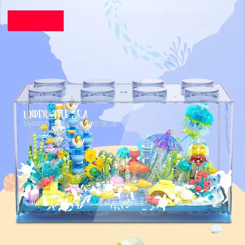 Blue plastic building blocks submarine model assembled on a white background, suitable for girls aged 7-14