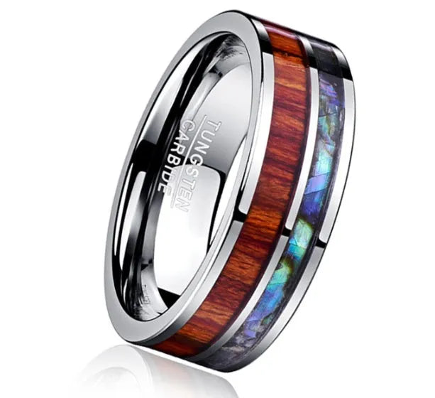 8mm wide tungsten steel ring with polished wood grain finish on a white background