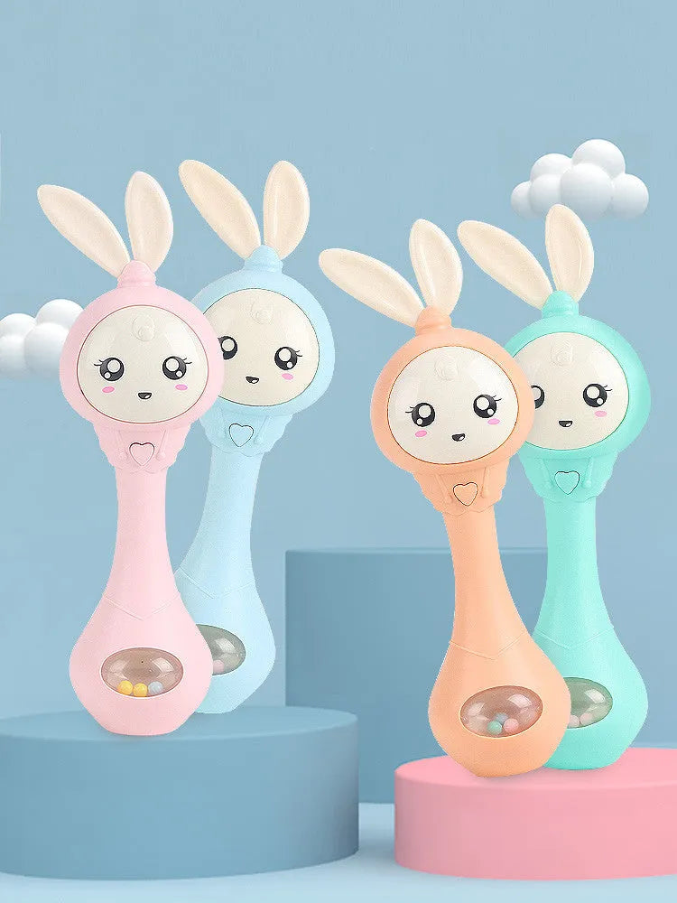 Baby musical teething stick toy in light blue, mint green, orange or pink with safe ABS plastic chewing surfaces