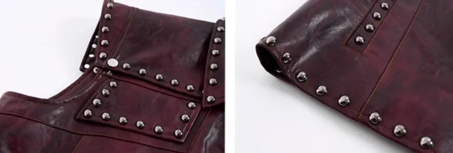 Red special-interest heavy industry rivets leather vest coat set with lapel collar and matching pants