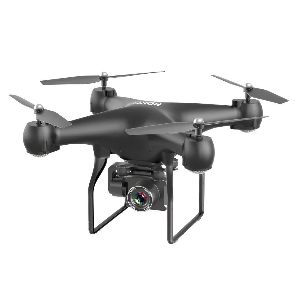 Four-axis remote control toy plane with 2.4GHz control, 200m range, 42x34.5x15cm size, LED lights, and camera option