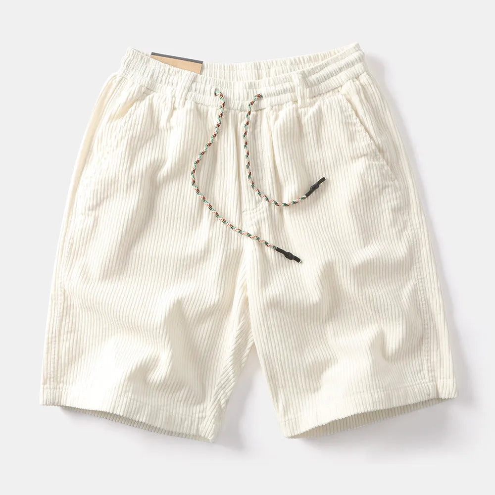 Man wearing khaki retro-style straight-leg cargo shorts made from polyester for summer streetwear.