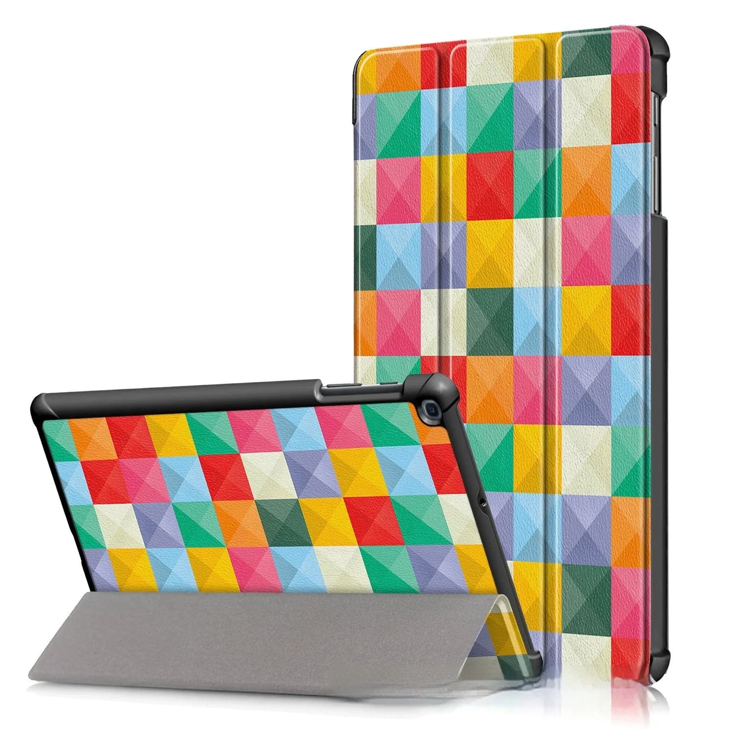 Leather tablet protective flip cover tri-fold for Samsung tablets showing cartoon design options