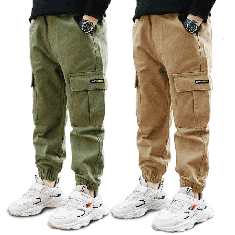 Boys' cotton casual trousers in army green, black or khaki for middle school children aged 8+