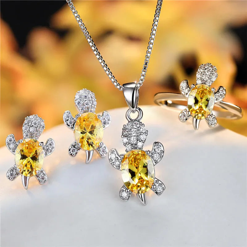 Fashion oval zircon pendant turtle shape necklace with rainbow multicolor stones on copper chain 45cm
