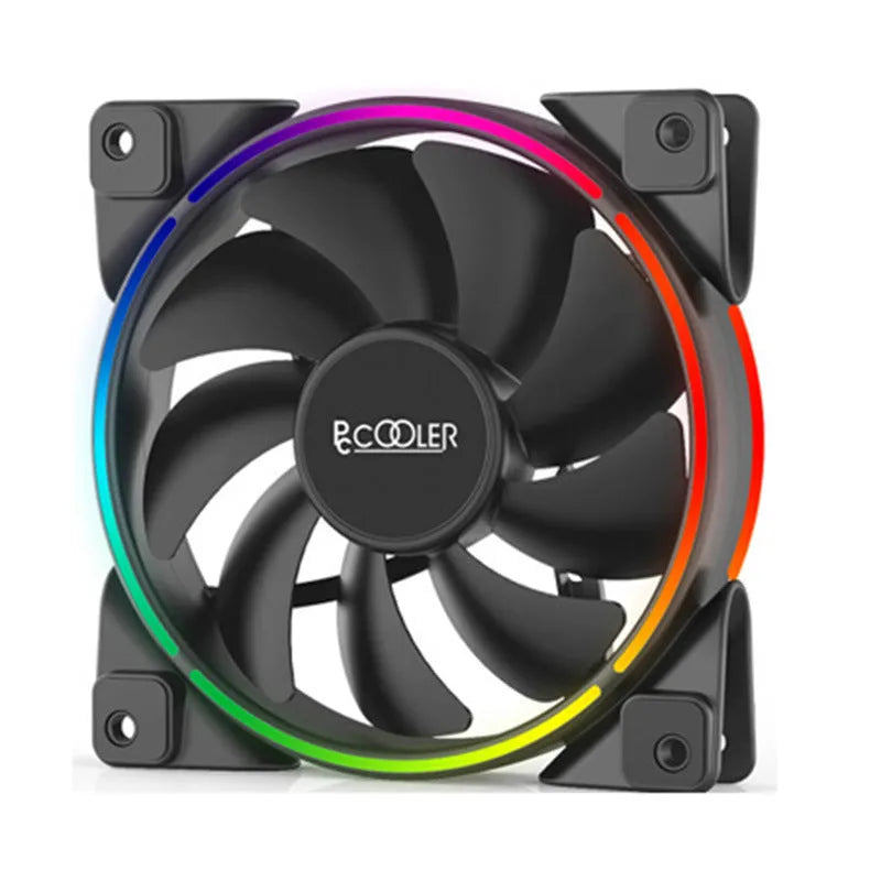 Set of three black 120mm RGB illuminated PC cooling fans for computer case installation.
