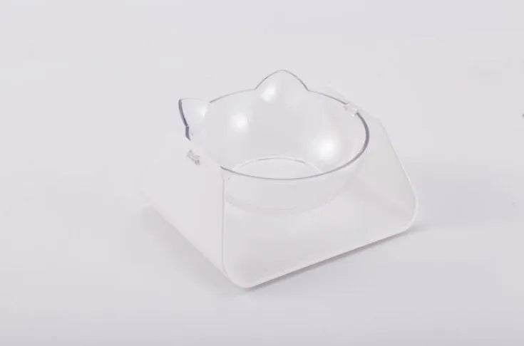 Protective cervical cat bowl in plastic with beveled sloped design, available in blue pink black white and yellow